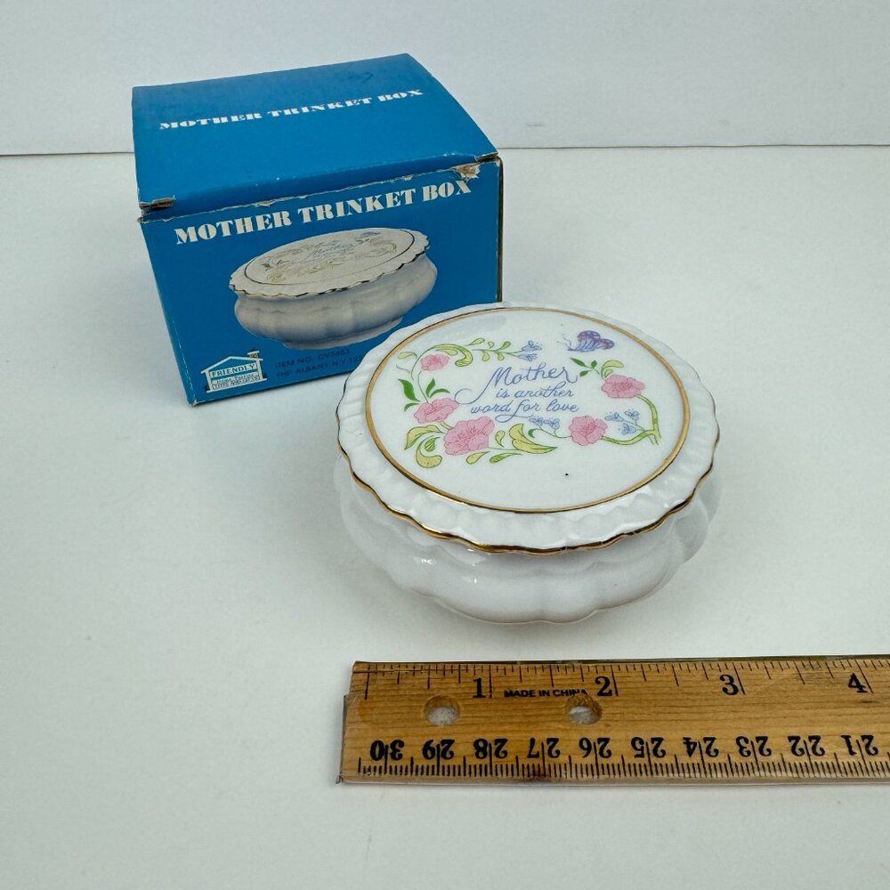 Vtg Mother is another word for love Round Trinket Dish w Lid‎ Gold Accents w Box